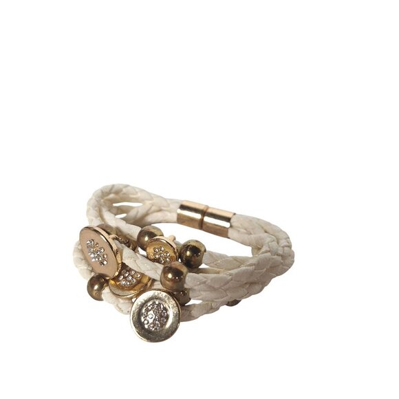 Braided White Rope Wrap Bracelet Gold Tone Beads - Picture 2 of 6